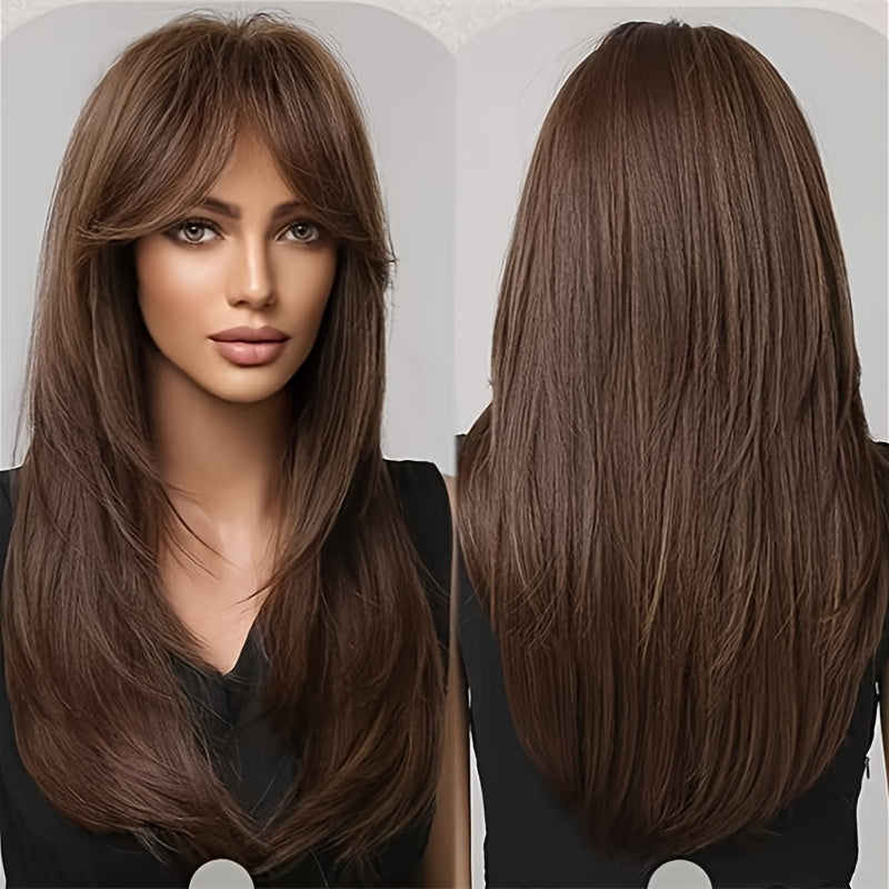 Women'S Long Brown Synthetic Wig with Bangs | 18 Inch, High Temperature Fiber, Rose Net Cap, Density, Straight Style, Ideal for Parties - Mixed Brown