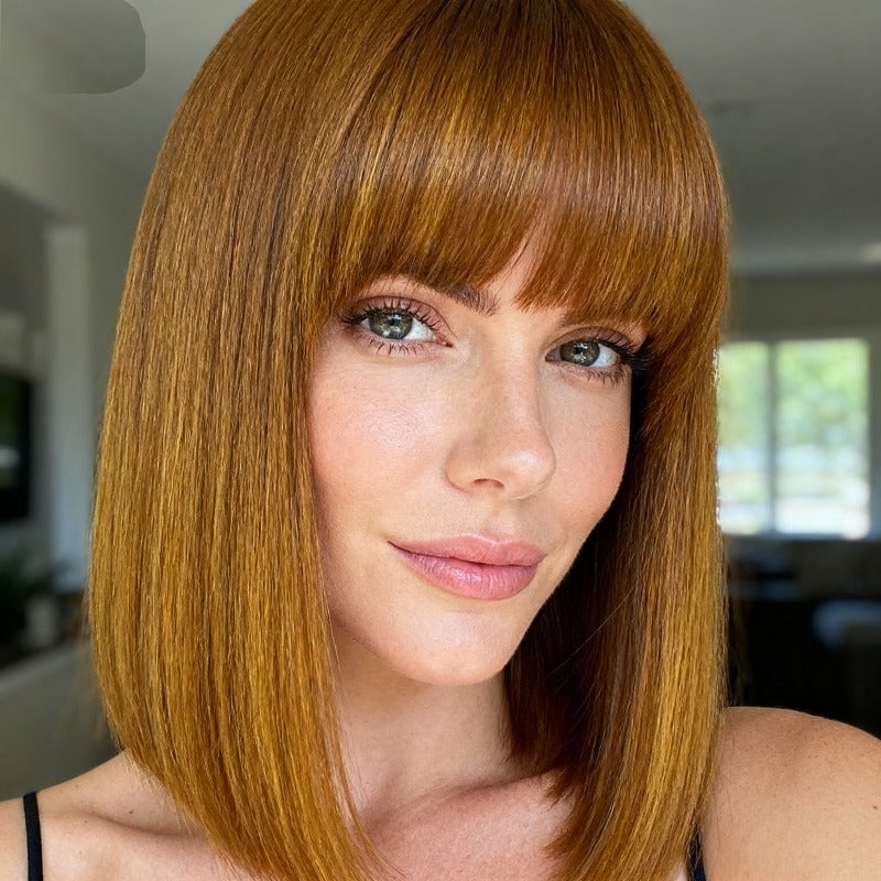 Women's Short Brown Straight Hair Wig with Bangs - Shoulder-Length -Looking Synthetic\u002F Replacement, Easy to Style & Maintain, Low-Maintenance Wavy-Like for Beginners (No-Sew Adhesive-Free) - Instant Volume & Full