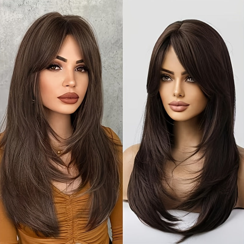 Women'S Long Brown Synthetic Wig with Bangs | 18 Inch, High Temperature Fiber, Rose Net Cap, Density, Straight Style, Ideal for Parties - Mixed Brown