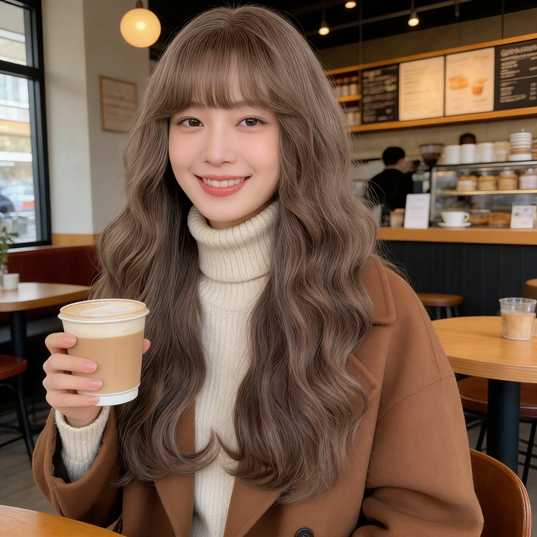 Golden MEMORIES Women's \u002FKorean Style Long Wavy Wig with Bangs - 26 Inch Water Curly Hair Suitable for Asian Hair Types, Daily Use, Cosplay & Party Wig, for Bangs Adjustment