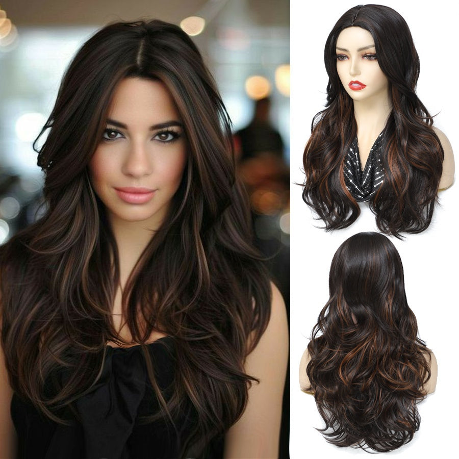 22-Inch Synthetic Wig Featuring Layered Wavy Hair in Ombre Brown with Curtain Bangs, Perfect for Daily Wear Or Parties.