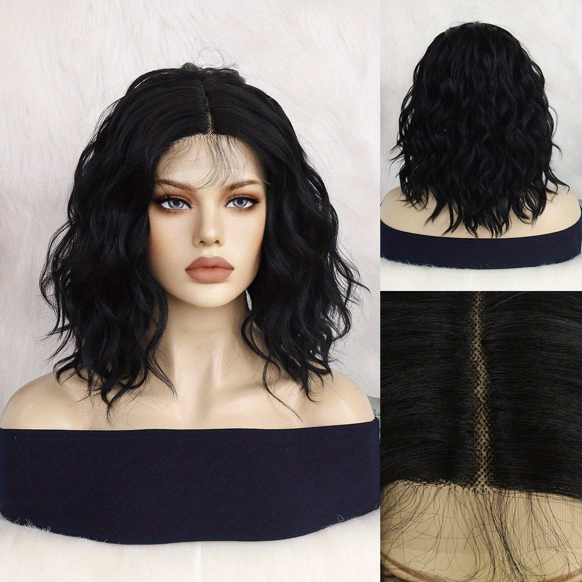 13 * 3.5 * 1 T-shaped Curly Wavy Black 16 Inch Medium Length Split Lace Front Wig, Suitable for Women's Natural Appearance, Synthetic Glue Free Heat-resistant Fashionable Soft Fiber Hair, Bob Lace Wig, Suitable for Daily Parties