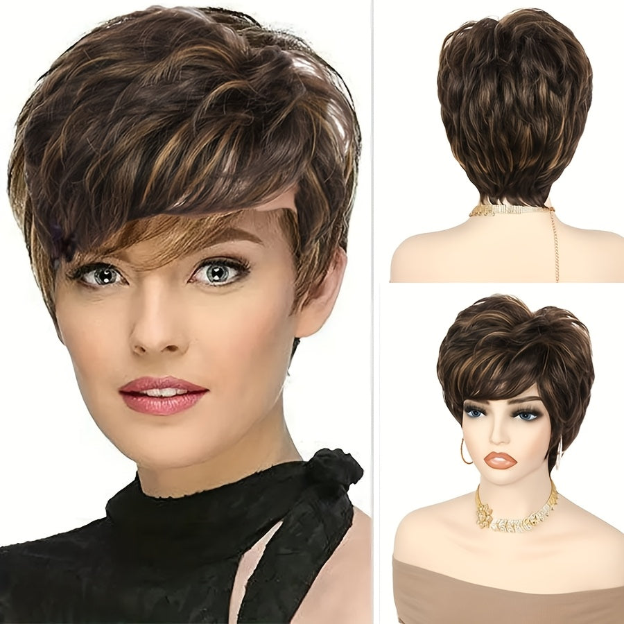 Short Curly Pixie Cut Wigs | Synthetic Straight Hair Wig with Bangs for Daily Party Cosplay Christmas, High Temperature Fiber, Rose Net with Fake Scalp