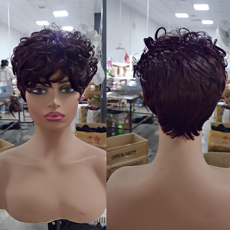 Short Curly Pixie Cut Wigs | Synthetic Straight Hair Wig with Bangs for Daily Party Cosplay Christmas, High Temperature Fiber, Rose Net with Fake Scalp