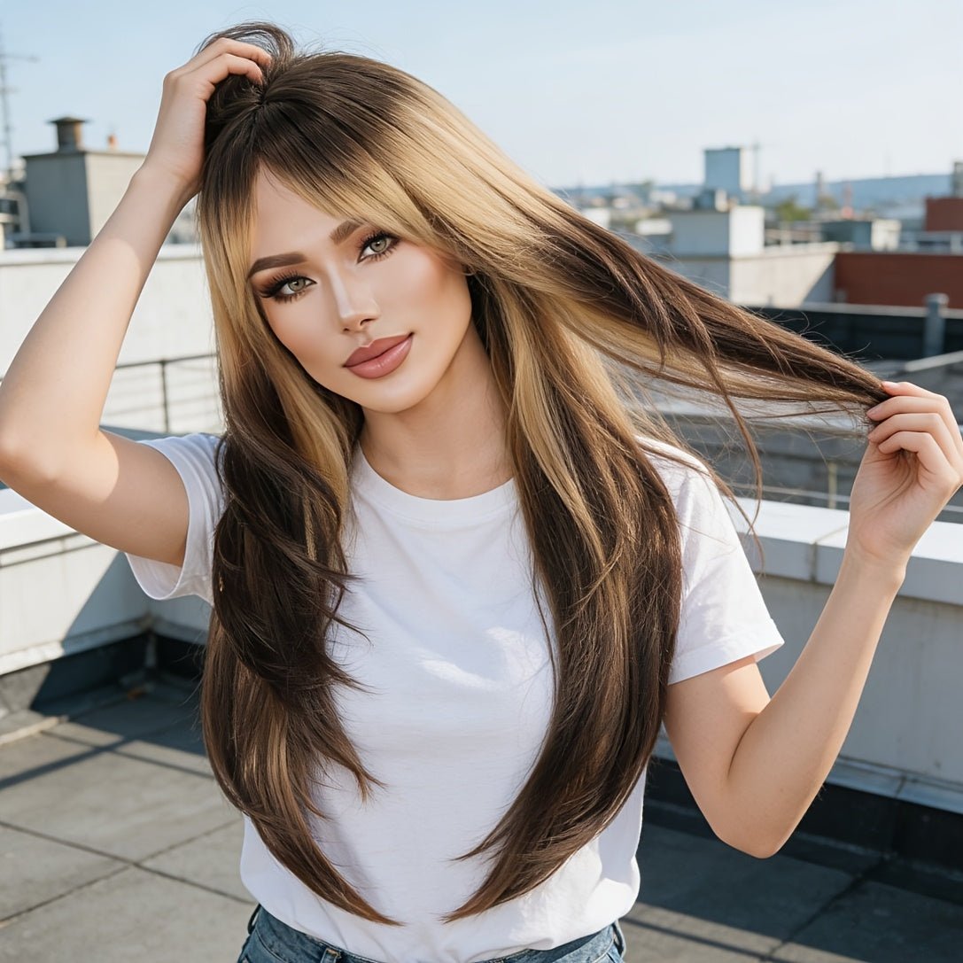 'S Popular 26-Inch Gradient Golden-Brown Long Curly Wig for Women Features a Rose Net And Is a Glue-Free Wig Cap, Perfect for Daily Outings, Music Festivals, Valentine'S Day, Weddings