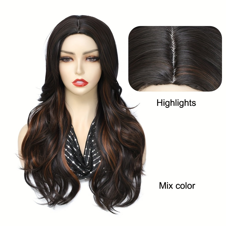 22-Inch Synthetic Wig Featuring Layered Wavy Hair in Ombre Brown with Curtain Bangs, Perfect for Daily Wear Or Parties.