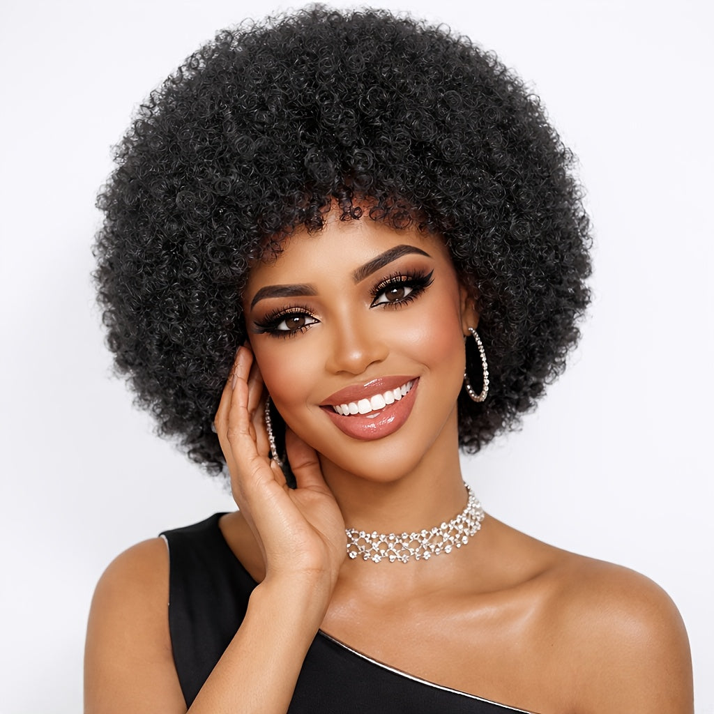 Unisex Afro Wig for Women and Men | Looking Afro Curly Wig with Bangs, Short Bouncy Afro Puff, Synthetic Low Temperature Fiber, Rose Net Cap, Suitable for Daily Party and Festival Use, Mix Brown