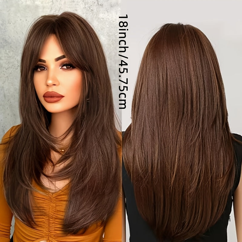 Women'S Long Brown Synthetic Wig with Bangs | 18 Inch, High Temperature Fiber, Rose Net Cap, Density, Straight Style, Ideal for Parties - Mixed Brown