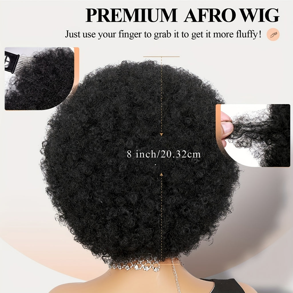 Unisex Afro Wig for Women and Men | Looking Afro Curly Wig with Bangs, Short Bouncy Afro Puff, Synthetic Low Temperature Fiber, Rose Net Cap, Suitable for Daily Party and Festival Use, Mix Brown