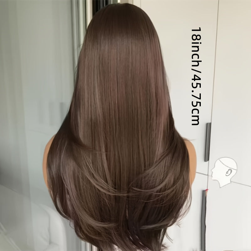 Women'S Long Brown Synthetic Wig with Bangs | 18 Inch, High Temperature Fiber, Rose Net Cap, Density, Straight Style, Ideal for Parties - Mixed Brown