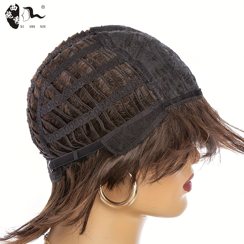 Fashionable Short Deep Brown Synthetic Hair with Rose Net Cap | Straight, Voluminous, Comfortable Fit, Ideal for Anime Cosplay and Parties, Unisex-Adult by XI SHI XIU