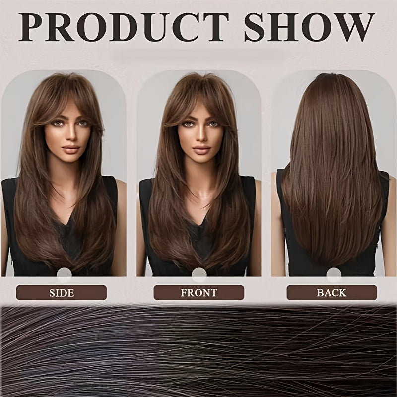 Women'S Long Brown Synthetic Wig with Bangs | 18 Inch, High Temperature Fiber, Rose Net Cap, Density, Straight Style, Ideal for Parties - Mixed Brown