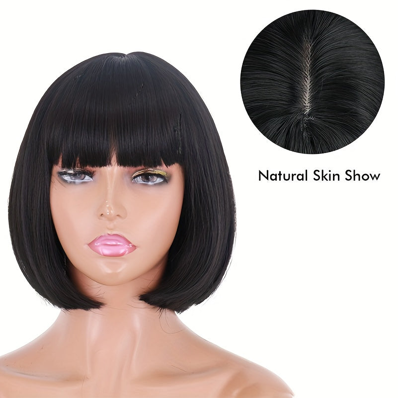 12-Inch Short Straight Synthetic Wig for Women And Girls, Featuring a Black Bob Style with Bangs. This Heat-Resistant, Glueless Wig Is Perfect for Everyday Wear, Parties, Halloween, And Cosplay