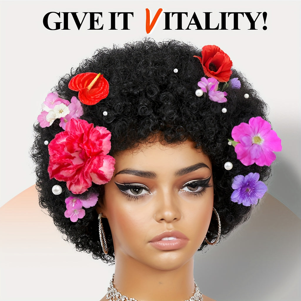 Unisex Afro Wig for Women and Men | Looking Afro Curly Wig with Bangs, Short Bouncy Afro Puff, Synthetic Low Temperature Fiber, Rose Net Cap, Suitable for Daily Party and Festival Use, Mix Brown