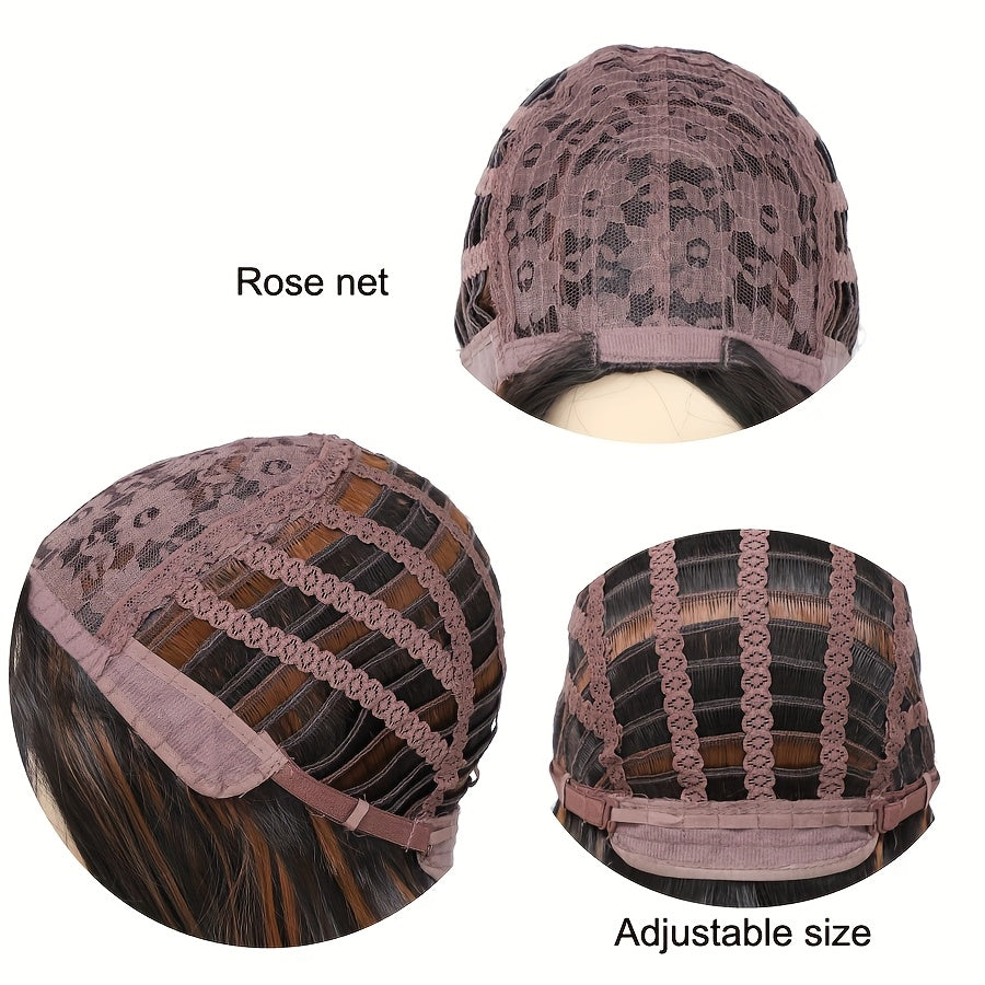 22-Inch Synthetic Wig Featuring Layered Wavy Hair in Ombre Brown with Curtain Bangs, Perfect for Daily Wear Or Parties.