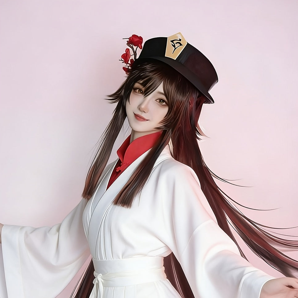 Dark Brown Cosplay Wig for Female Characters with Double Ponytails, Featuring Long Curly Hair in Chestnut Brown. This High-Temperature Synthetic Fiber Wig Is Suitable for Stage Performances And Anime Conventions. It Includes a Classic Style with Gra