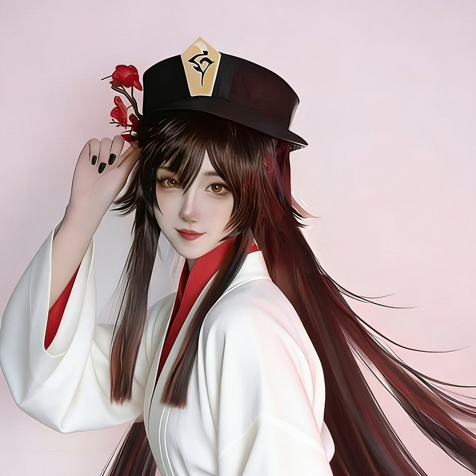 Dark Brown Cosplay Wig for Female Characters with Double Ponytails, Featuring Long Curly Hair in Chestnut Brown. This High-Temperature Synthetic Fiber Wig Is Suitable for Stage Performances And Anime Conventions. It Includes a Classic Style with Gra