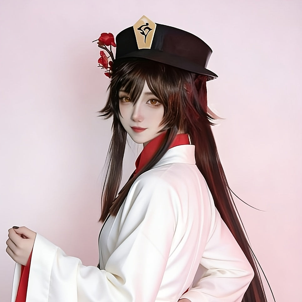 Dark Brown Cosplay Wig for Female Characters with Double Ponytails, Featuring Long Curly Hair in Chestnut Brown. This High-Temperature Synthetic Fiber Wig Is Suitable for Stage Performances And Anime Conventions. It Includes a Classic Style with Gra