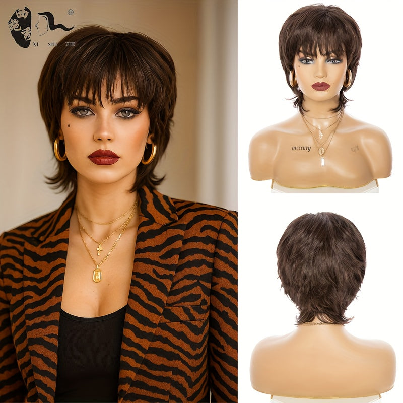 Fashionable Short Deep Brown Synthetic Hair with Rose Net Cap | Straight, Voluminous, Comfortable Fit, Ideal for Anime Cosplay and Parties, Unisex-Adult by XI SHI XIU