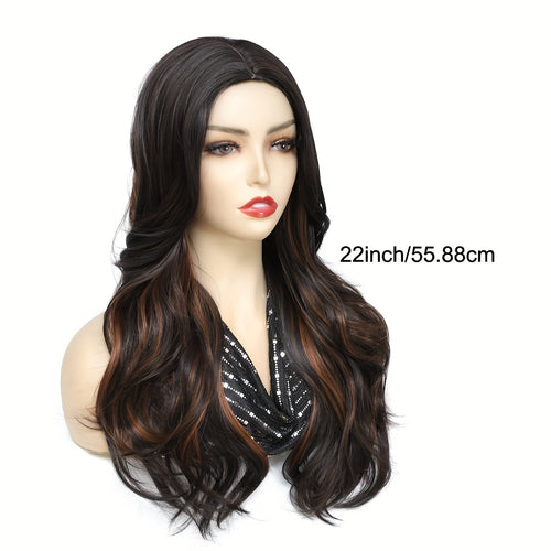 22-Inch Synthetic Wig Featuring Layered Wavy Hair in Ombre Brown with Curtain Bangs, Perfect for Daily Wear Or Parties.