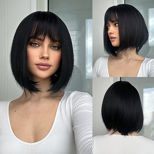 12-Inch Short Straight Synthetic Wig for Women And Girls, Featuring a Black Bob Style with Bangs. This Heat-Resistant, Glueless Wig Is Perfect for Everyday Wear, Parties, Halloween, And Cosplay