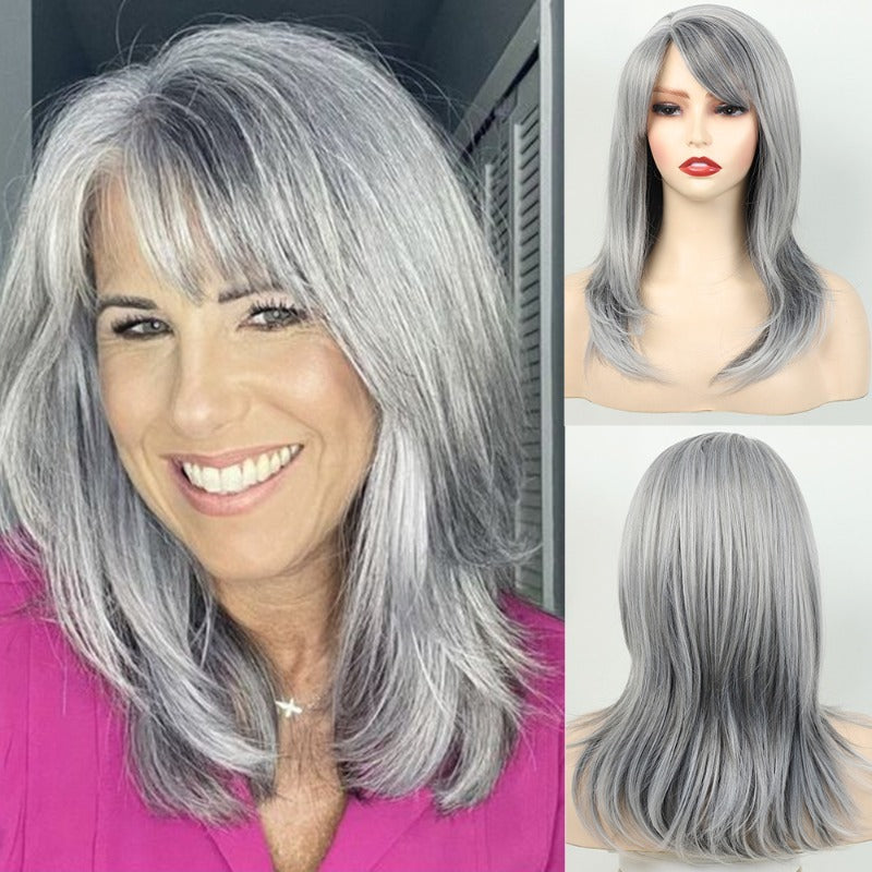 Fashionable Synthetic Gray Wig | Middle Part Long Wavy Hair with Side Bangs, Heat Resistant Fiber, No Lace, Ideal for Party and Daily Wear