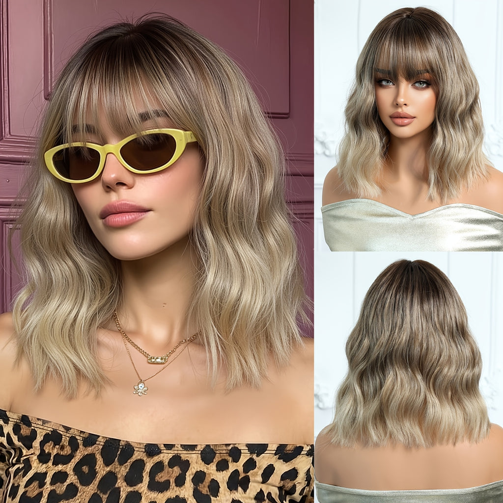 12-inch Women's Black-brown-platinum Gradient Collarbone Egg Roll -curl Synthetic High-temperature Fiber Full Head Wig, Playful and Sweet-cool Style Suitable for Work, School, Dinner Parties, Cosplay, Music Festivals, Etc
