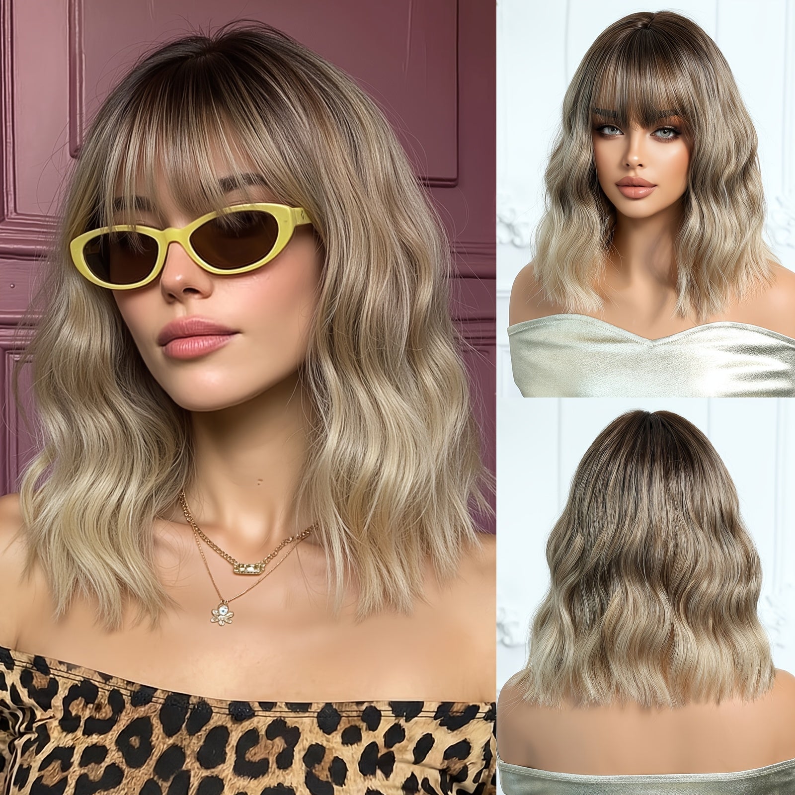 12-inch Women's Black-brown-platinum Gradient Collarbone Egg Roll -curl Synthetic High-temperature Fiber Full Head Wig, Playful and Sweet-cool Style Suitable for Work, School, Dinner Parties, Cosplay, Music Festivals, Etc