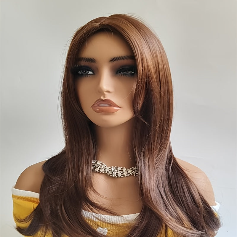 Women'S Long Brown Synthetic Wig with Bangs | 18 Inch, High Temperature Fiber, Rose Net Cap, Density, Straight Style, Ideal for Parties - Mixed Brown