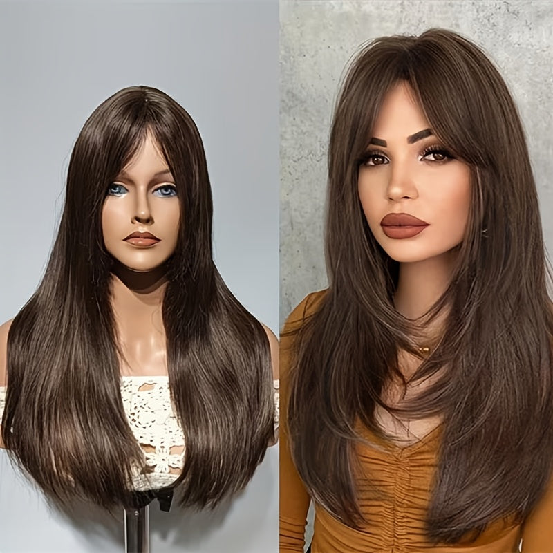 Women'S Long Brown Synthetic Wig with Bangs | 18 Inch, High Temperature Fiber, Rose Net Cap, Density, Straight Style, Ideal for Parties - Mixed Brown