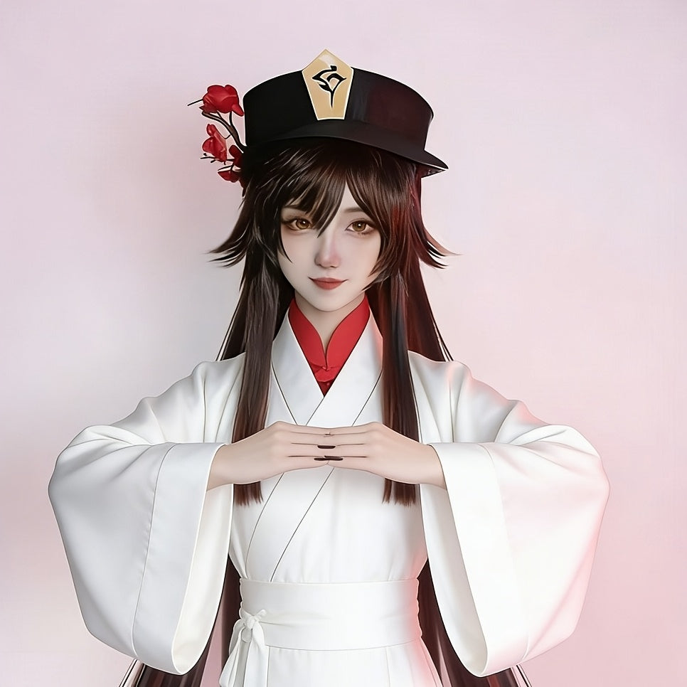 Dark Brown Cosplay Wig for Female Characters with Double Ponytails, Featuring Long Curly Hair in Chestnut Brown. This High-Temperature Synthetic Fiber Wig Is Suitable for Stage Performances And Anime Conventions. It Includes a Classic Style with Gra