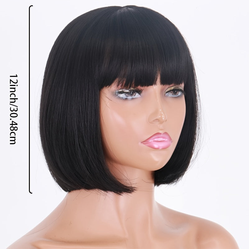 12-Inch Short Straight Synthetic Wig for Women And Girls, Featuring a Black Bob Style with Bangs. This Heat-Resistant, Glueless Wig Is Perfect for Everyday Wear, Parties, Halloween, And Cosplay