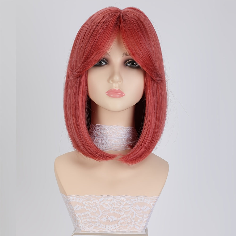 12-inch Straight Bobo Haircut Synthetic Wig | Rose Net with Fake Scalp, High Temperature Fiber, Suitable for Daily and Festive Wear