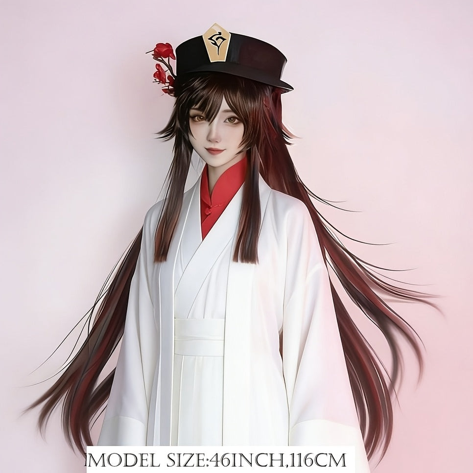 Dark Brown Cosplay Wig for Female Characters with Double Ponytails, Featuring Long Curly Hair in Chestnut Brown. This High-Temperature Synthetic Fiber Wig Is Suitable for Stage Performances And Anime Conventions. It Includes a Classic Style with Gra
