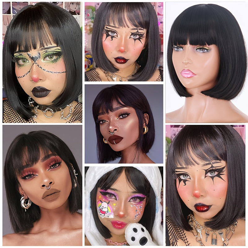 12-Inch Short Straight Synthetic Wig for Women And Girls, Featuring a Black Bob Style with Bangs. This Heat-Resistant, Glueless Wig Is Perfect for Everyday Wear, Parties, Halloween, And Cosplay