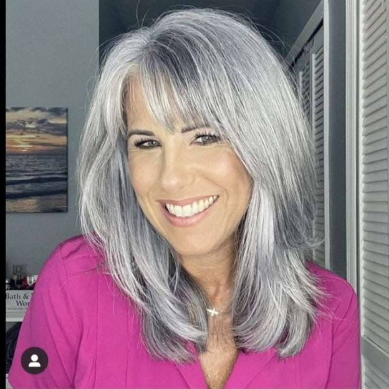 Fashionable Synthetic Gray Wig | Middle Part Long Wavy Hair with Side Bangs, Heat Resistant Fiber, No Lace, Ideal for Party and Daily Wear