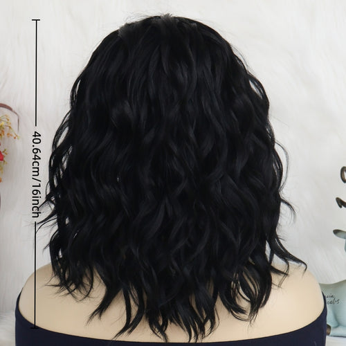 13 * 3.5 * 1 T-shaped Curly Wavy Black 16 Inch Medium Length Split Lace Front Wig, Suitable for Women's Natural Appearance, Synthetic Glue Free Heat-resistant Fashionable Soft Fiber Hair, Bob Lace Wig, Suitable for Daily Parties