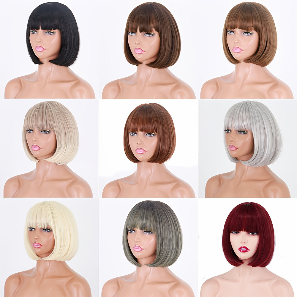 12-Inch Short Straight Synthetic Wig for Women And Girls, Featuring a Black Bob Style with Bangs. This Heat-Resistant, Glueless Wig Is Perfect for Everyday Wear, Parties, Halloween, And Cosplay