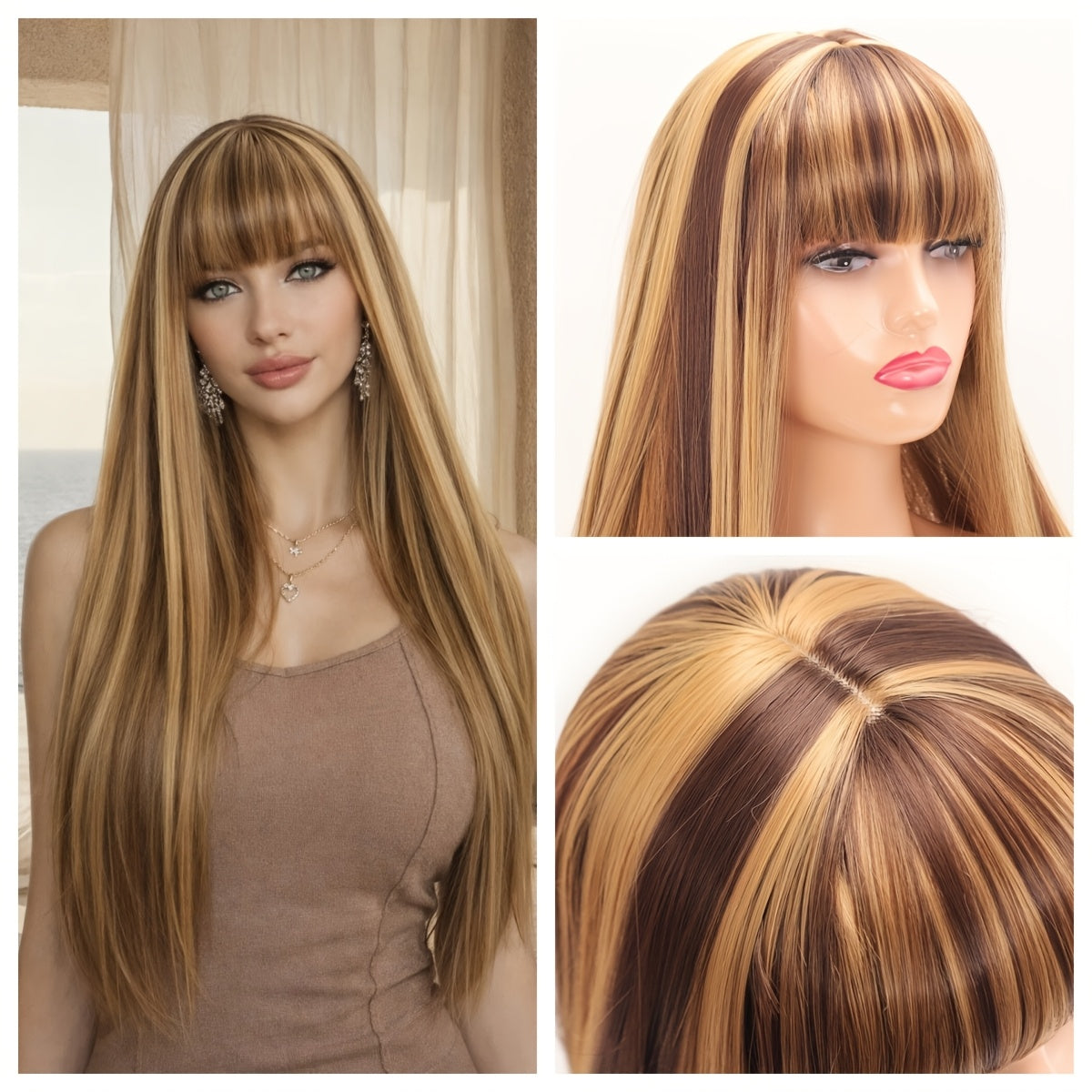 Coleen Women's Natural Smooth Synthetic Wig Suitable for Daily Use - Long Straight Hair with Bangs,, Golden Brown Mixed Color Blending, Natural Look Wig for Skin Tones & Hair Loss Solutions