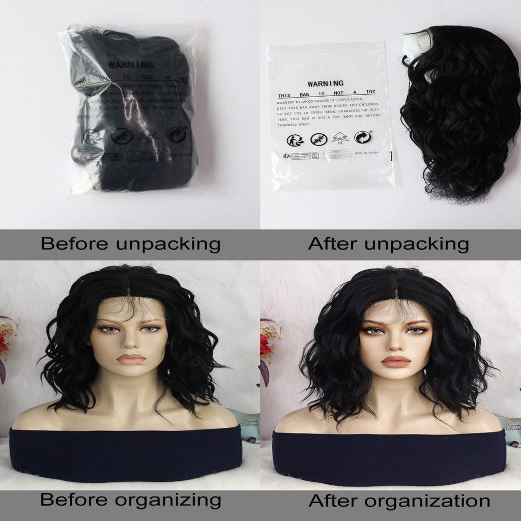 13 * 3.5 * 1 T-shaped Curly Wavy Black 16 Inch Medium Length Split Lace Front Wig, Suitable for Women's Natural Appearance, Synthetic Glue Free Heat-resistant Fashionable Soft Fiber Hair, Bob Lace Wig, Suitable for Daily Parties