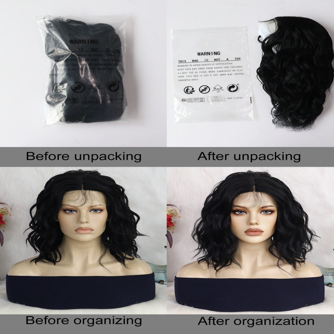 13 * 3.5 * 1 T-shaped Curly Wavy Black 16 Inch Medium Length Split Lace Front Wig, Suitable for Women's Natural Appearance, Synthetic Glue Free Heat-resistant Fashionable Soft Fiber Hair, Bob Lace Wig, Suitable for Daily Parties