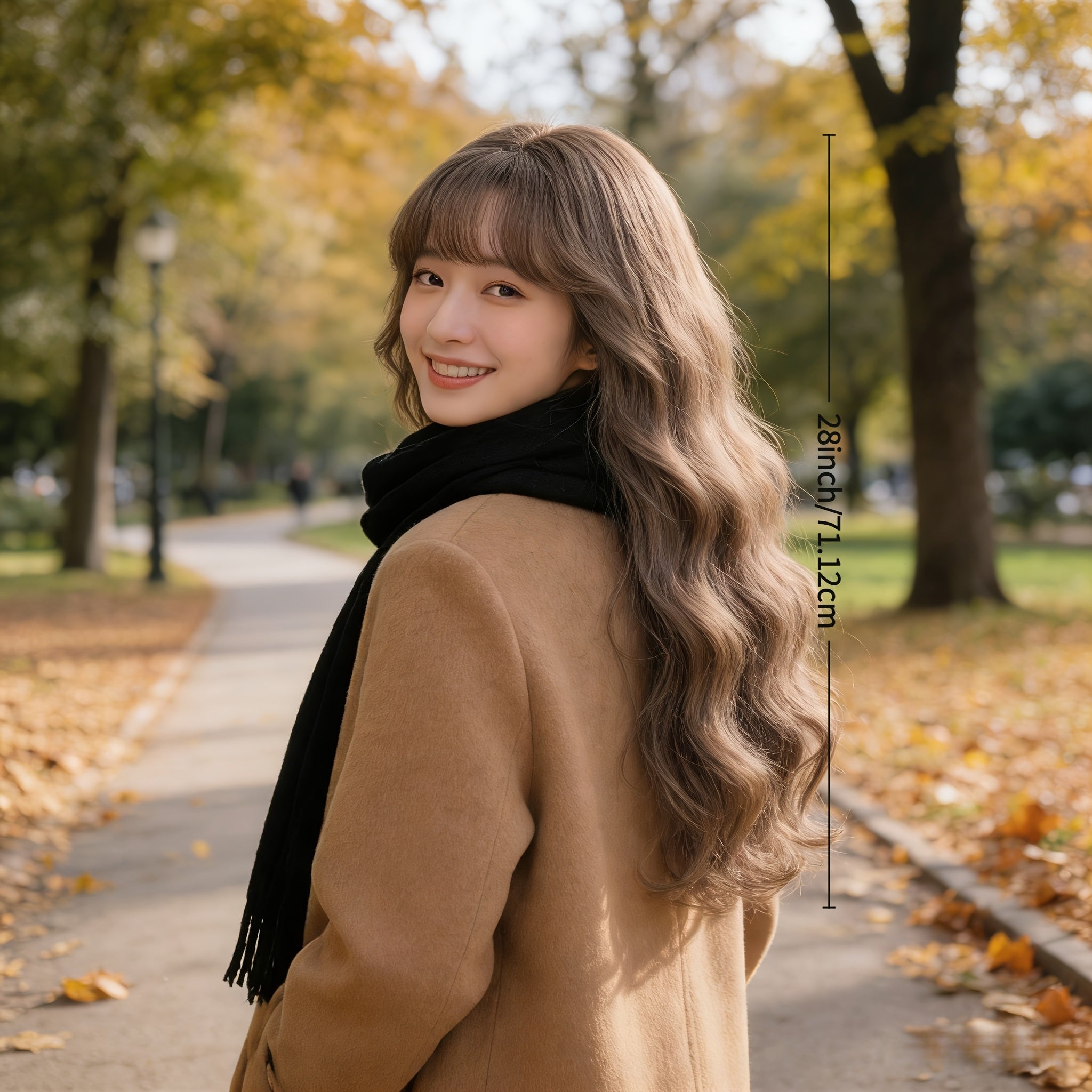 Golden MEMORIES Women's \u002FKorean Style Long Wavy Wig with Bangs - 26 Inch Water Curly Hair Suitable for Asian Hair Types, Daily Use, Cosplay & Party Wig, for Bangs Adjustment