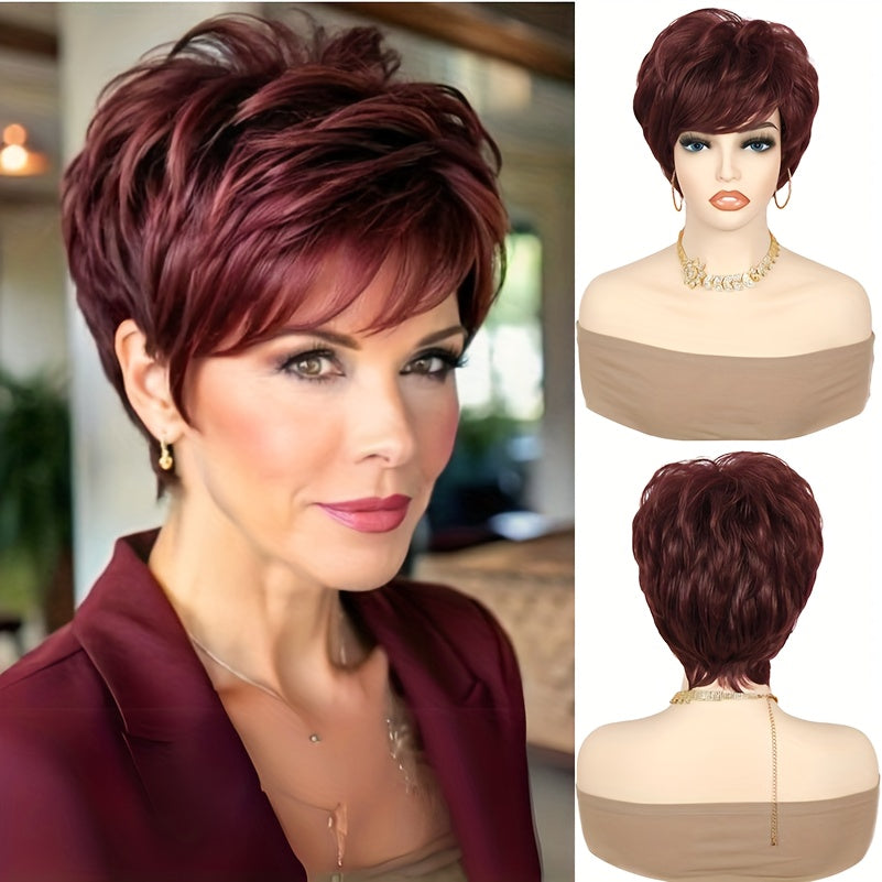 Short Curly Pixie Cut Wigs | Synthetic Straight Hair Wig with Bangs for Daily Party Cosplay Christmas, High Temperature Fiber, Rose Net with Fake Scalp