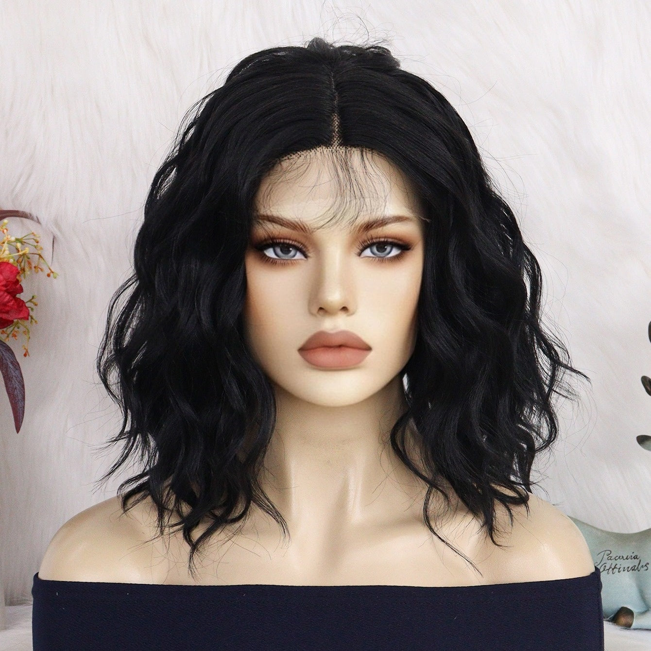 13 * 3.5 * 1 T-shaped Curly Wavy Black 16 Inch Medium Length Split Lace Front Wig, Suitable for Women's Natural Appearance, Synthetic Glue Free Heat-resistant Fashionable Soft Fiber Hair, Bob Lace Wig, Suitable for Daily Parties