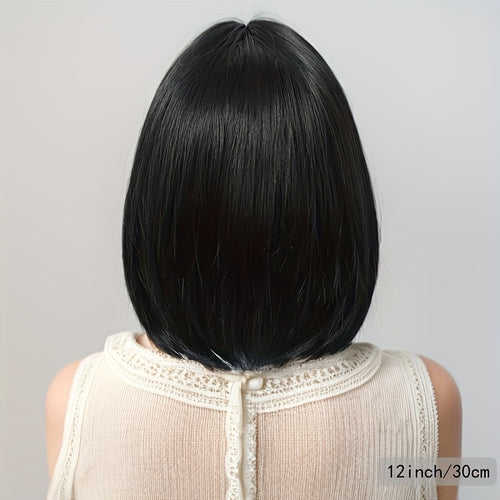 12-Inch Black Middle-Part Wavy Synthetic Wig for Women, Full Headpiece, Fit, Suitable for Daily Wear And Holiday Celebrations