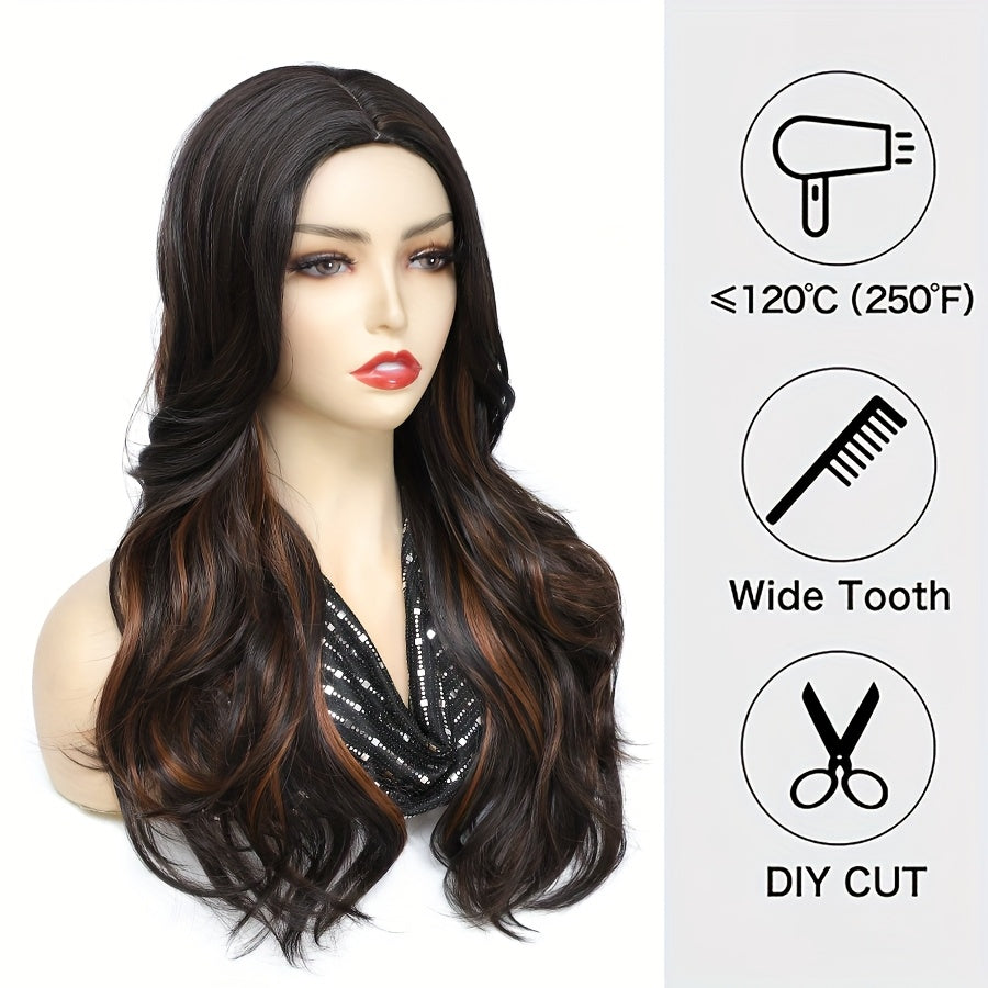 22-Inch Synthetic Wig Featuring Layered Wavy Hair in Ombre Brown with Curtain Bangs, Perfect for Daily Wear Or Parties.