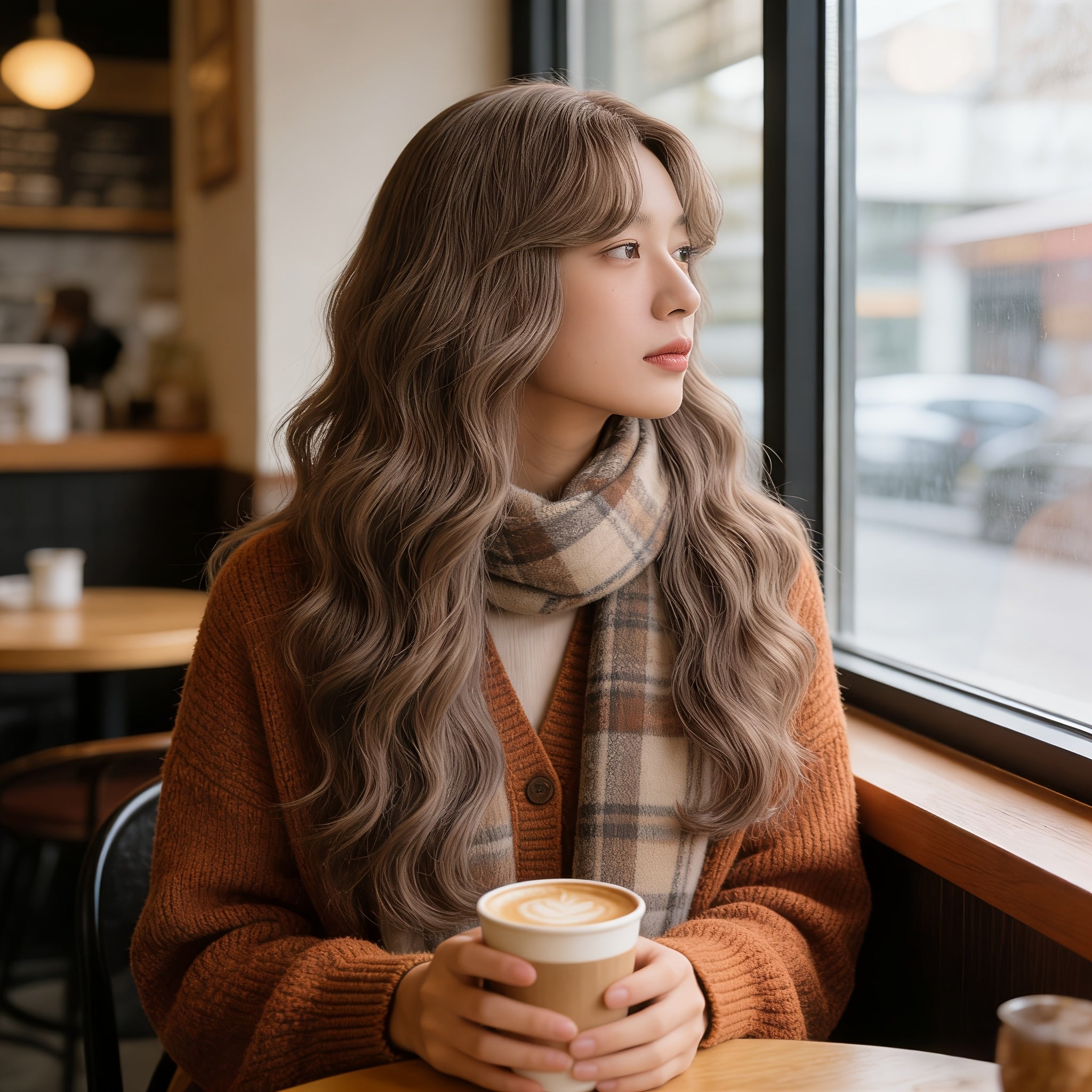 Golden MEMORIES Women's \u002FKorean Style Long Wavy Wig with Bangs - 26 Inch Water Curly Hair Suitable for Asian Hair Types, Daily Use, Cosplay & Party Wig, for Bangs Adjustment