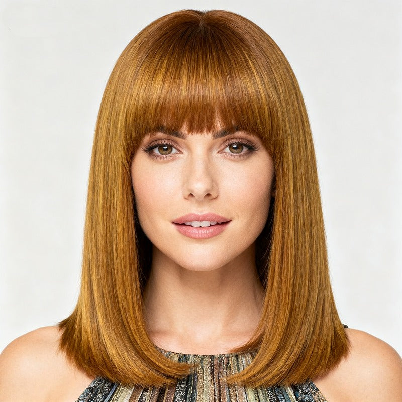 Women's Short Brown Straight Hair Wig with Bangs - Shoulder-Length -Looking Synthetic\u002F Replacement, Easy to Style & Maintain, Low-Maintenance Wavy-Like for Beginners (No-Sew Adhesive-Free) - Instant Volume & Full