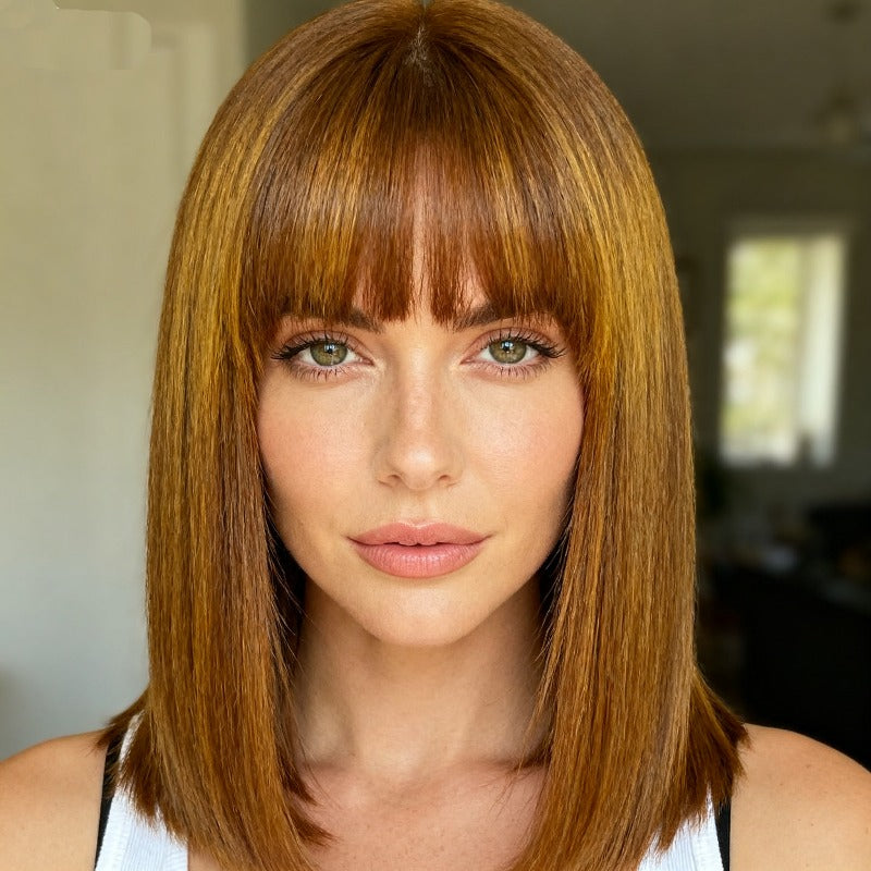 Women's Short Brown Straight Hair Wig with Bangs - Shoulder-Length -Looking Synthetic\u002F Replacement, Easy to Style & Maintain, Low-Maintenance Wavy-Like for Beginners (No-Sew Adhesive-Free) - Instant Volume & Full