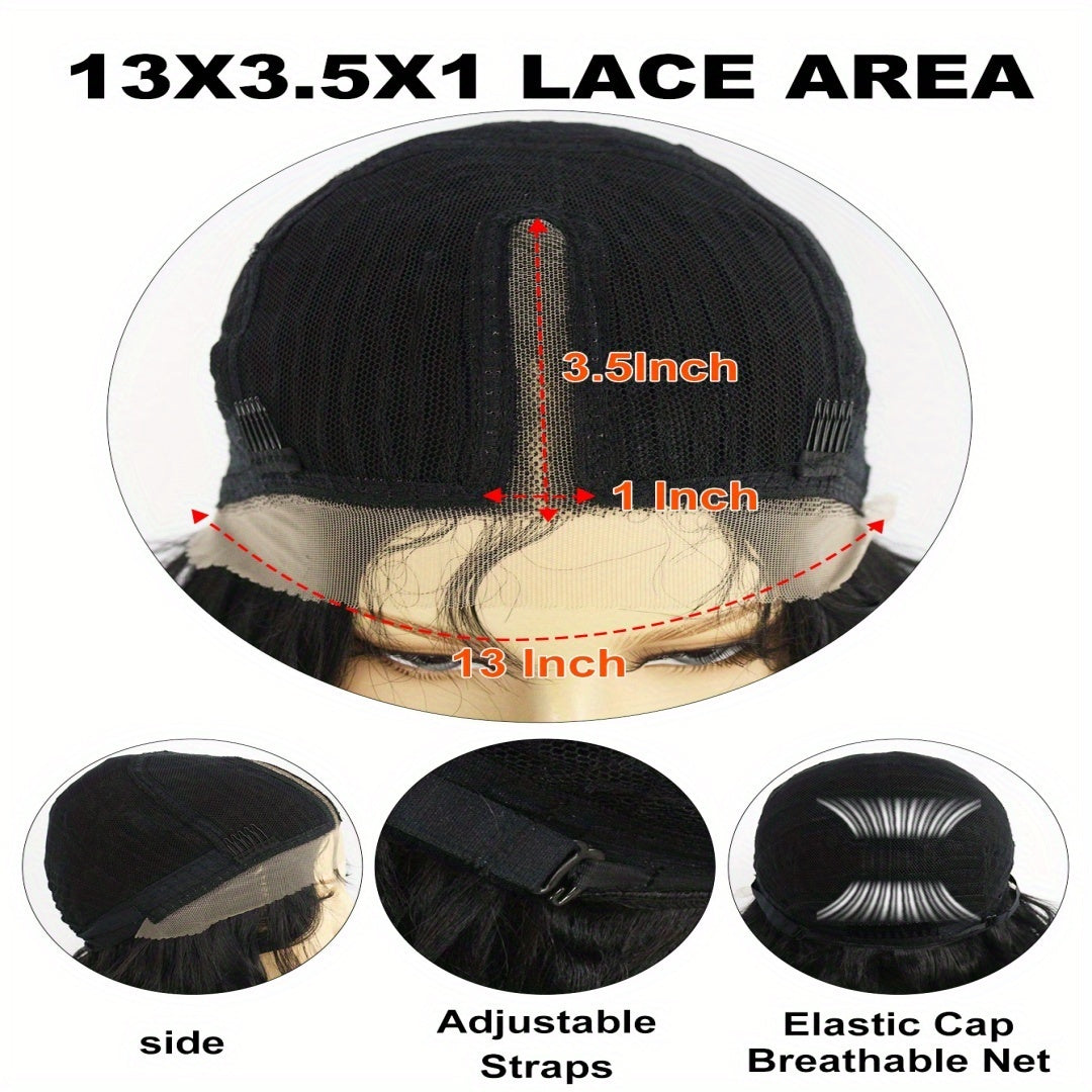 13 * 3.5 * 1 T-shaped Curly Wavy Black 16 Inch Medium Length Split Lace Front Wig, Suitable for Women's Natural Appearance, Synthetic Glue Free Heat-resistant Fashionable Soft Fiber Hair, Bob Lace Wig, Suitable for Daily Parties